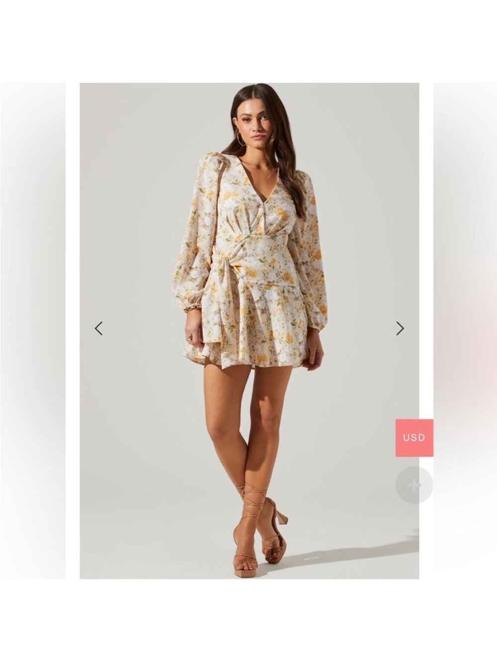 Astr Cream Floral Wrap Mini Dress with Long Sleeves